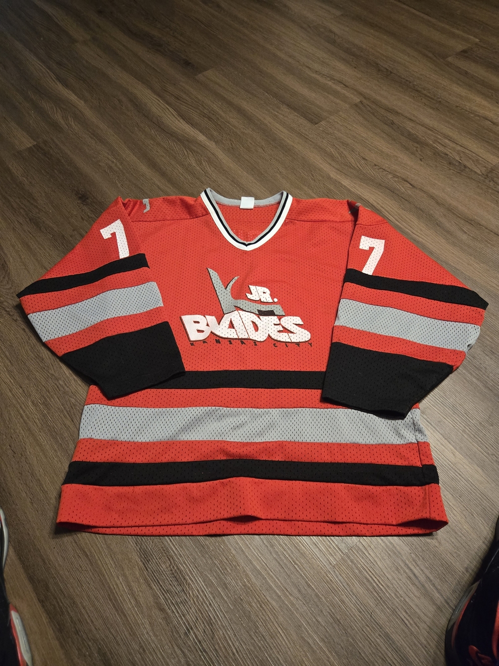 Kansas City Blades Red Hockey Jersey with Black & Gray Stripes... Large